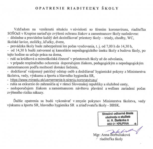 Opatrenie riaditelky skoly 3-2020