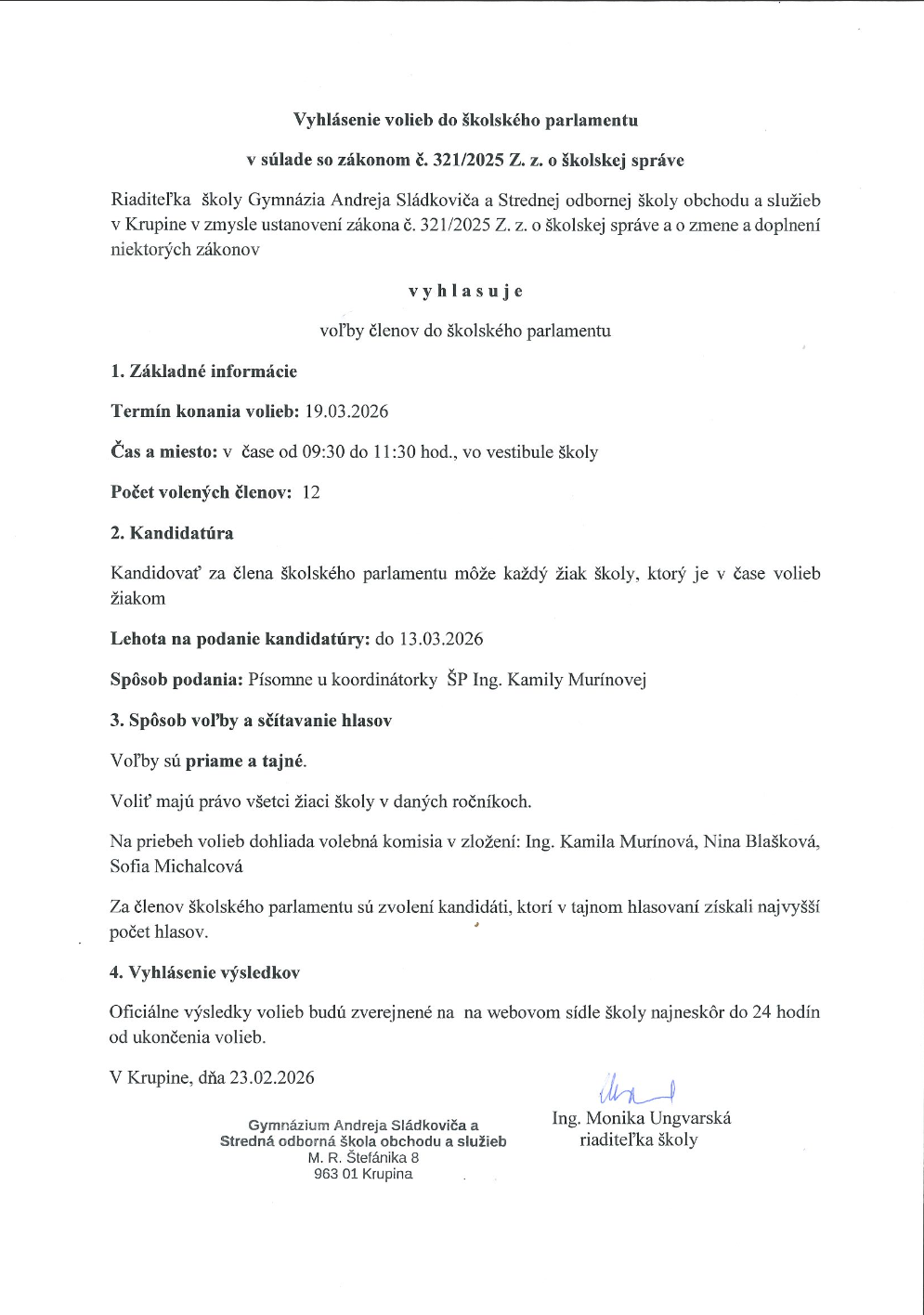 Vyhlásenie volieb do školského parlamentu